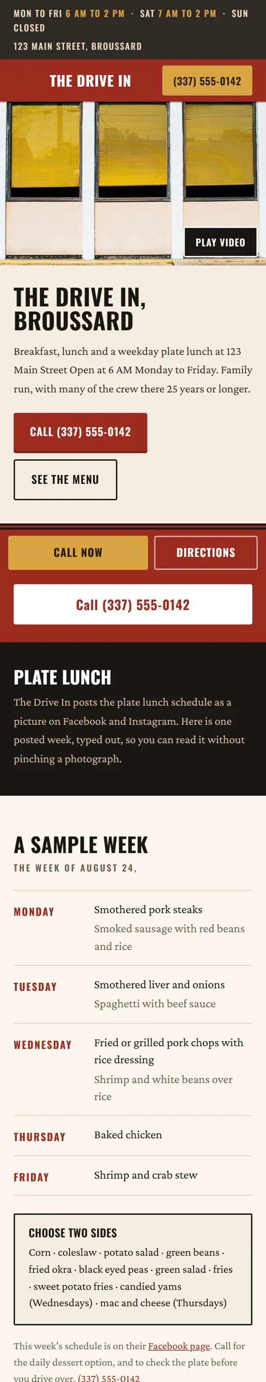Phone view of a concept site for a plate-lunch diner: yellow window blinds, this week's plate lunches by day.
