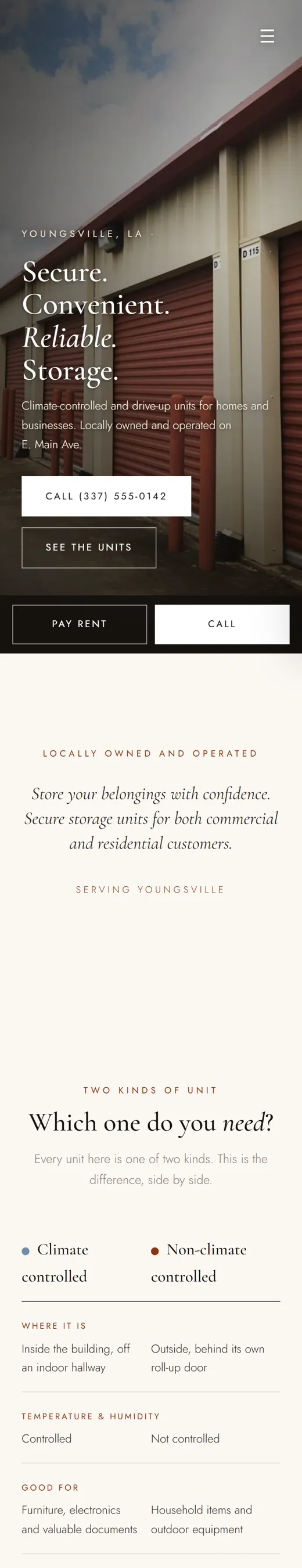 Phone view of a concept site for self storage: red roll-up doors, pay rent and call buttons, two kinds of unit.